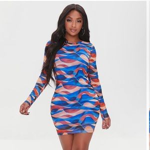 FOREVER 21 •Orange & Blue long sleeve mid dress•
